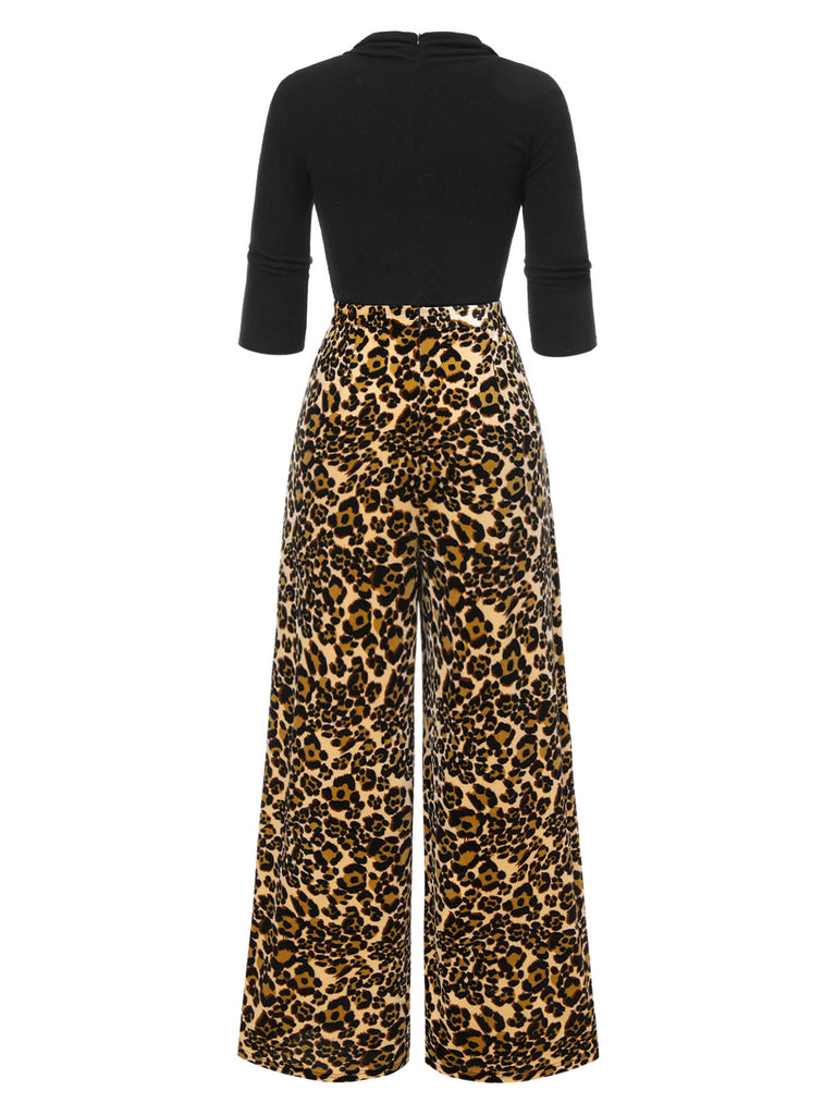 [Pre-Sale] Black 1970s Cowl Neck Leopard Wide-Leg Jumpsuit