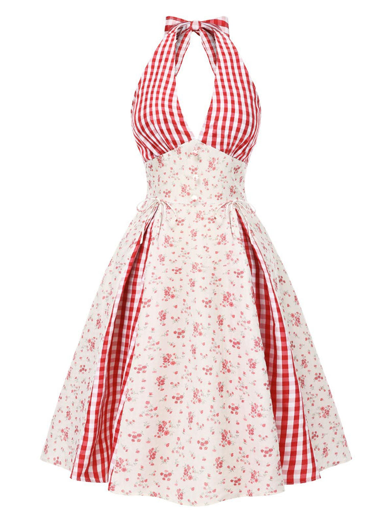 [Pre-Sale] Red 1950s Countryside Floral Plaid Halter Dress