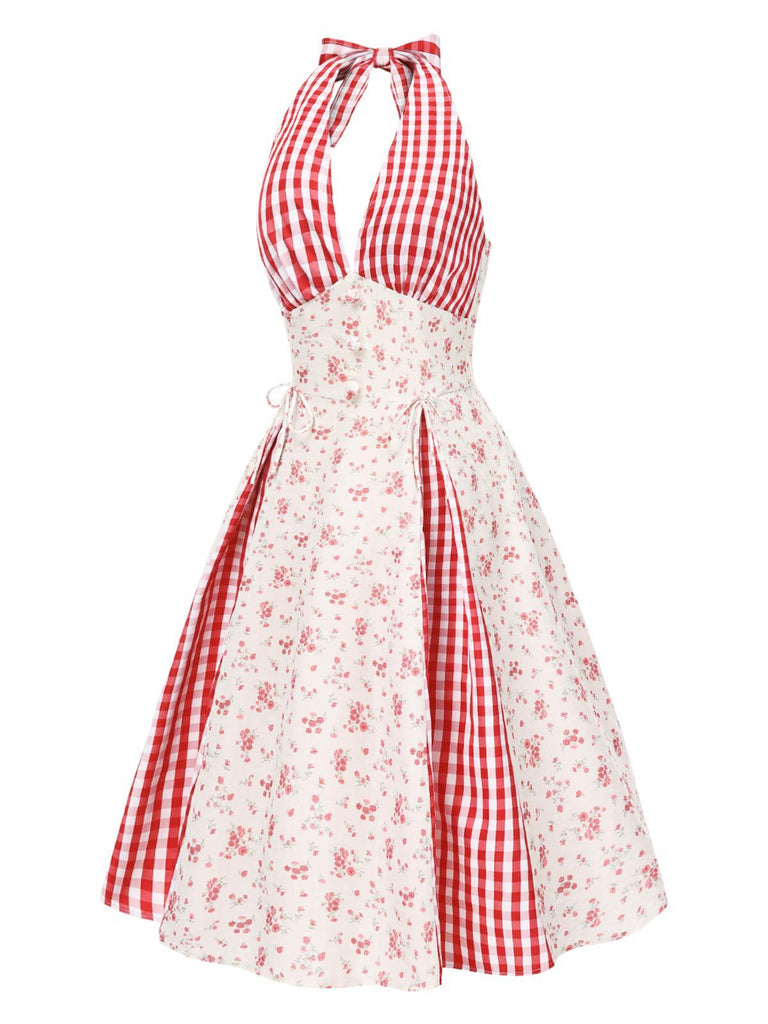 [Pre-Sale] Red 1950s Countryside Floral Plaid Halter Dress