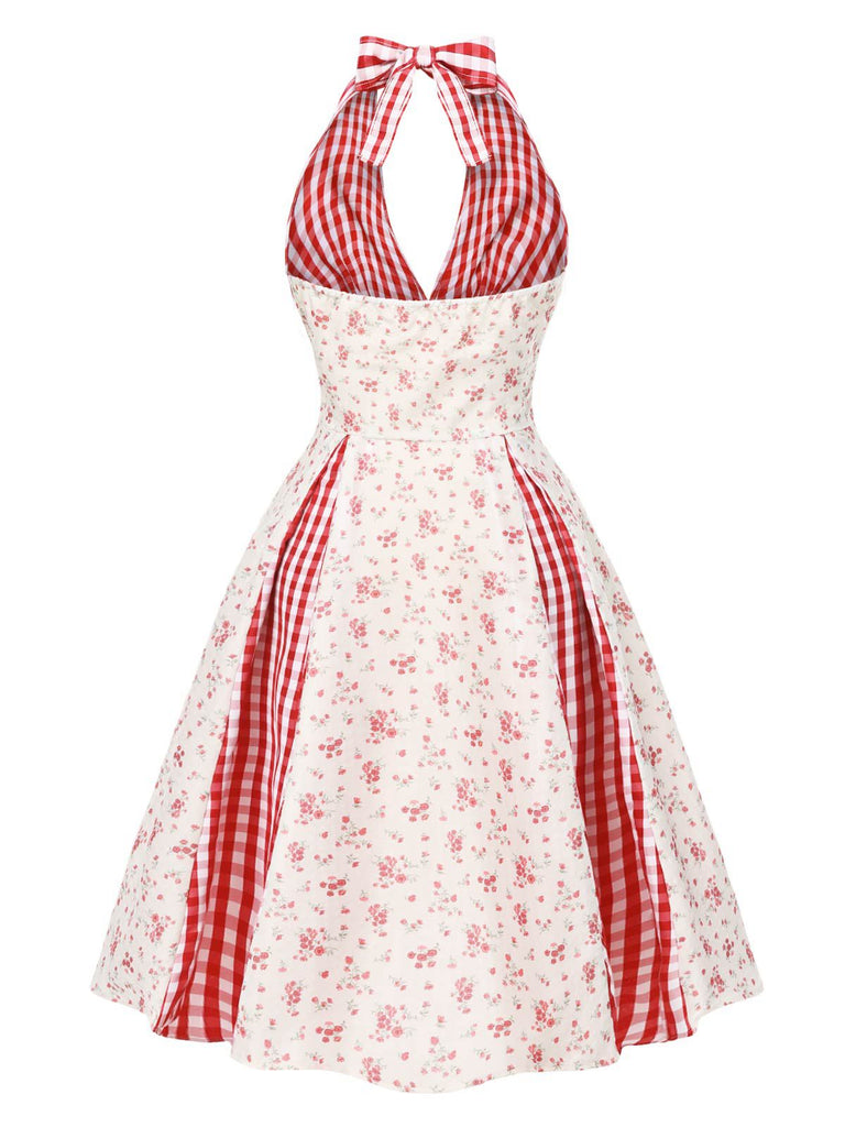 [Pre-Sale] Red 1950s Countryside Floral Plaid Halter Dress