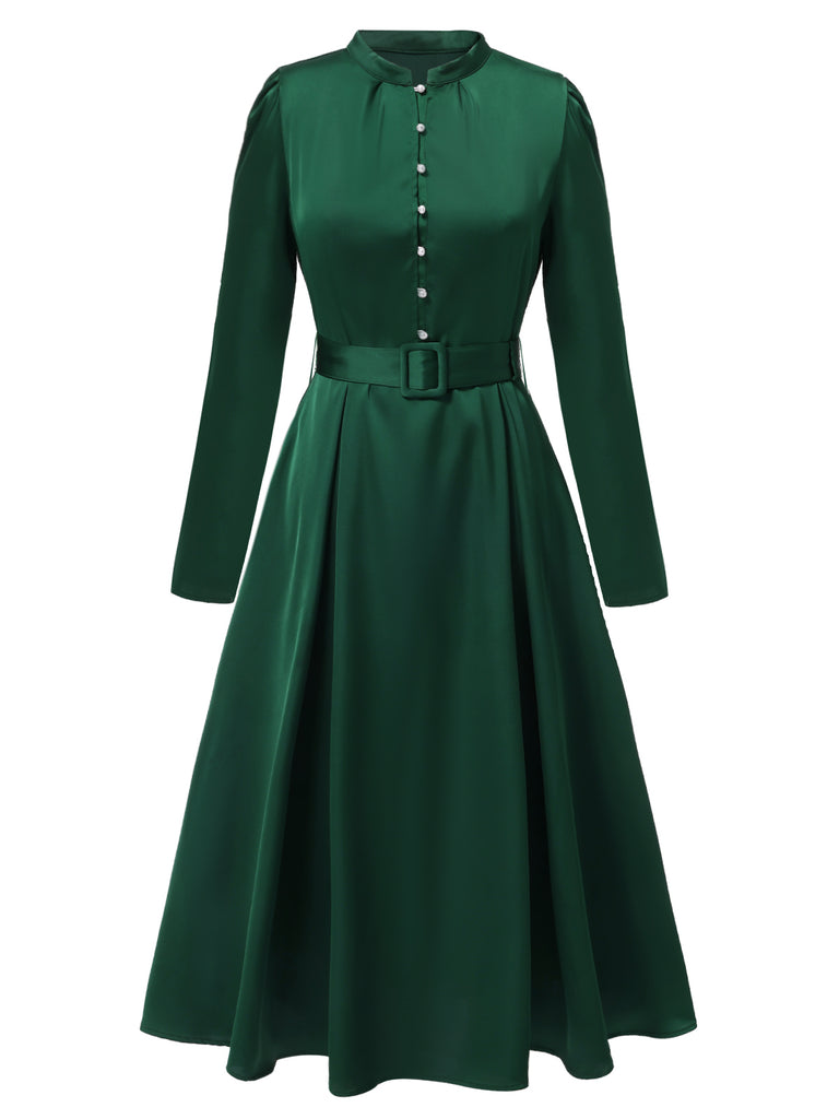 [Pre-Sale] Green 1940s Stand Collar Button Belted Dress