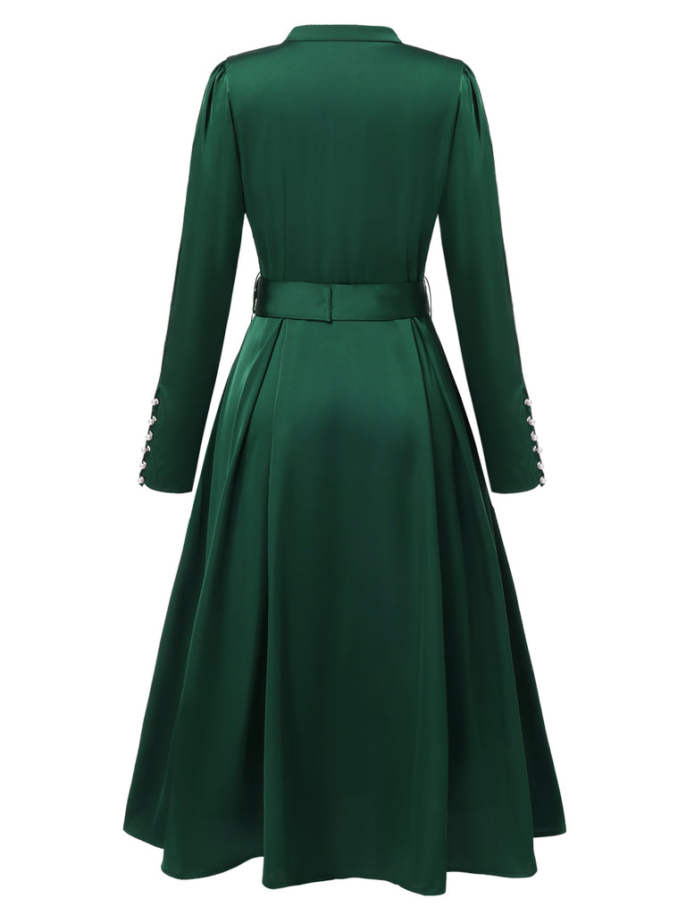 [Pre-Sale] Green 1940s Stand Collar Button Belted Dress