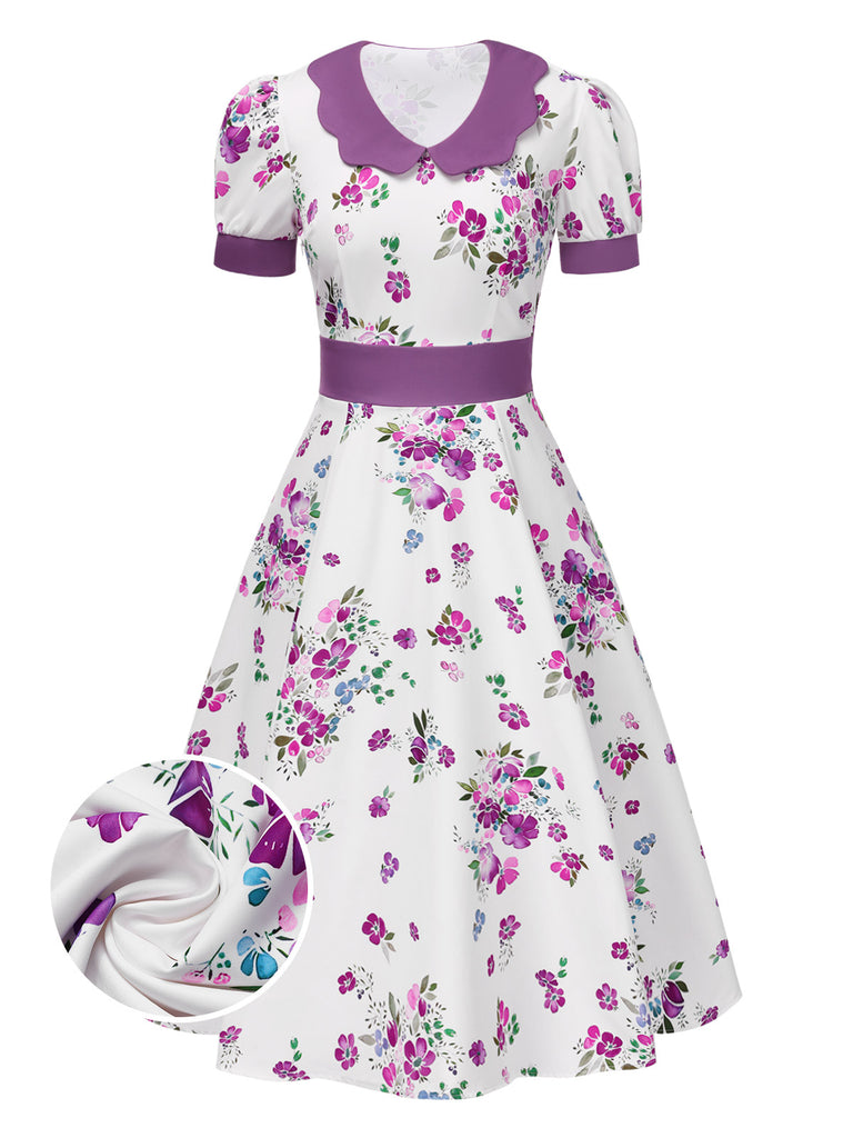 [Pre-Sale] Purple 1950s Peter Pan Collar Floral Puff Sleeve Dress