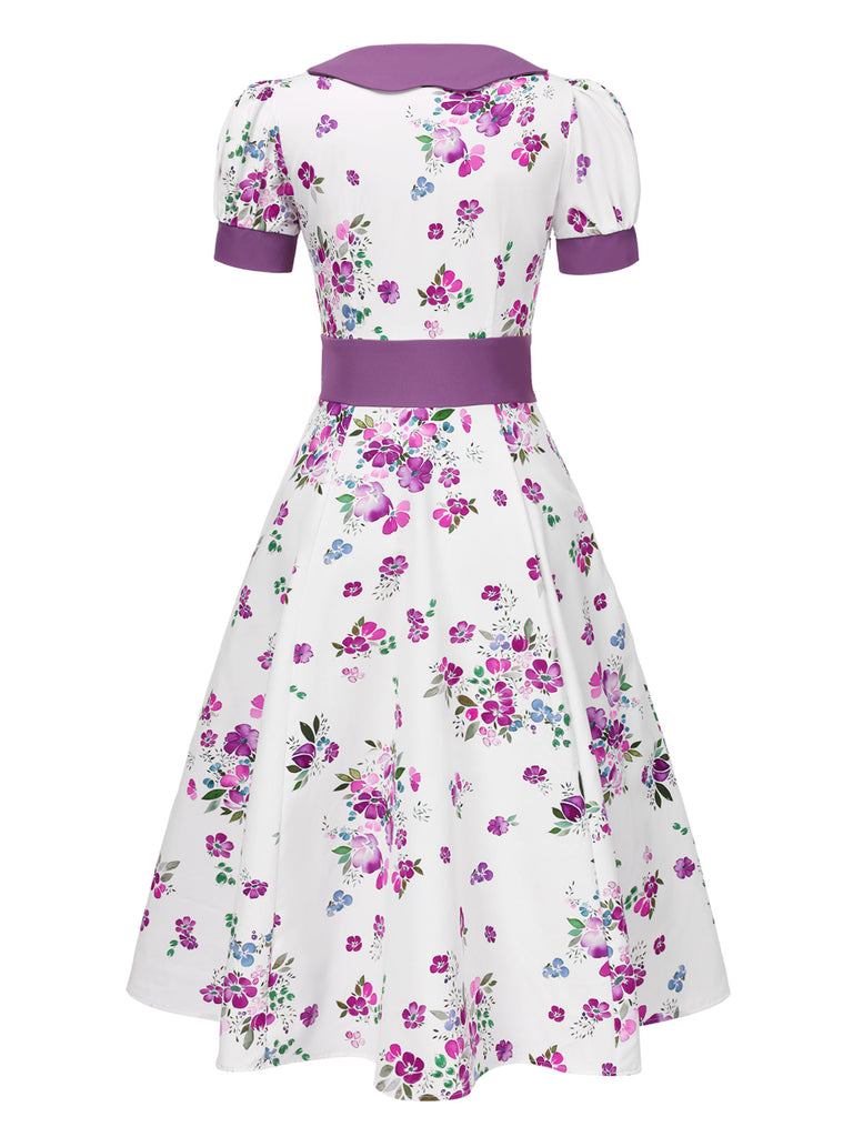 [Pre-Sale] Purple 1950s Peter Pan Collar Floral Puff Sleeve Dress