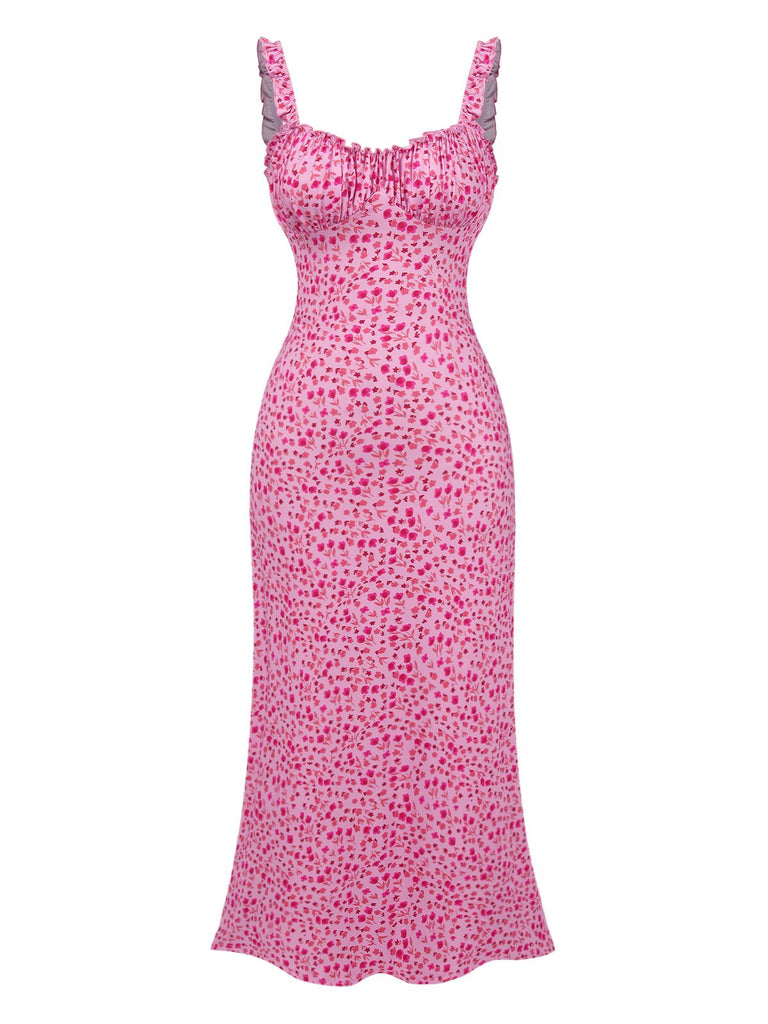 Pink 1930s Spaghetti Strap Boho Ditsy Floral Dress