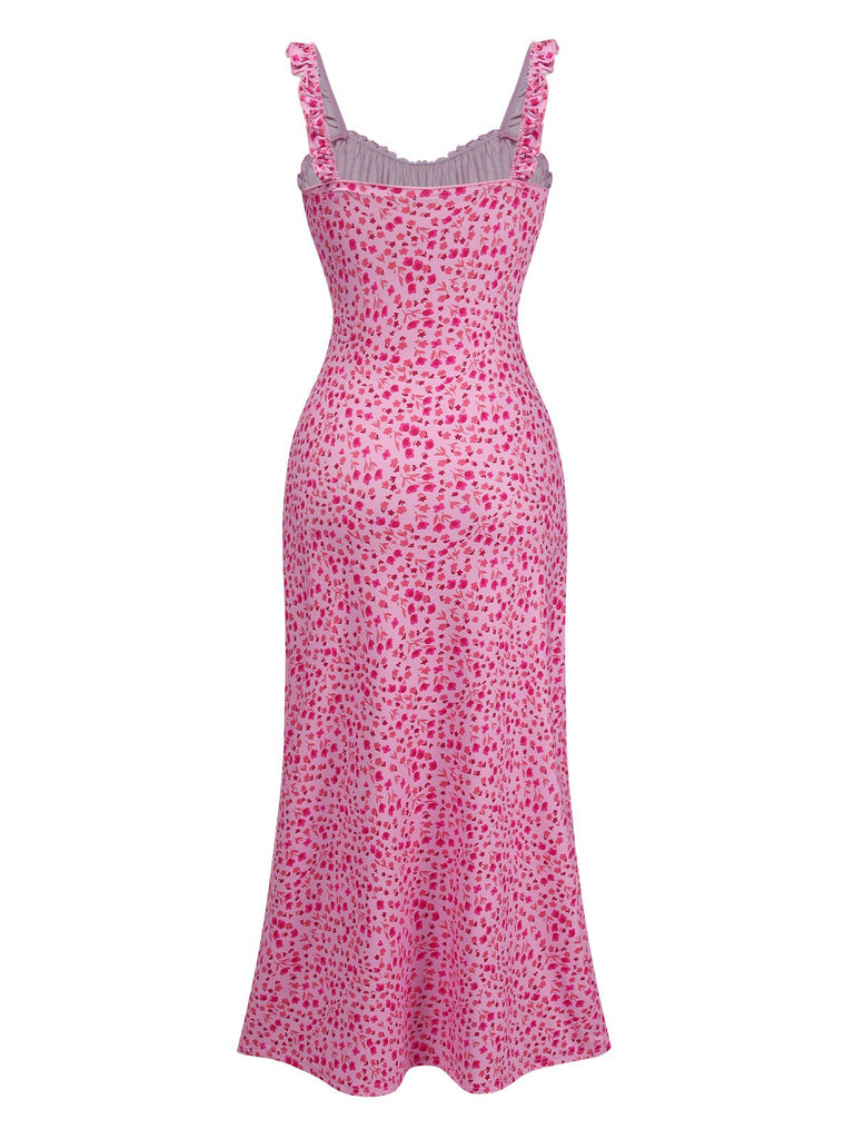 Pink 1930s Spaghetti Strap Boho Ditsy Floral Dress