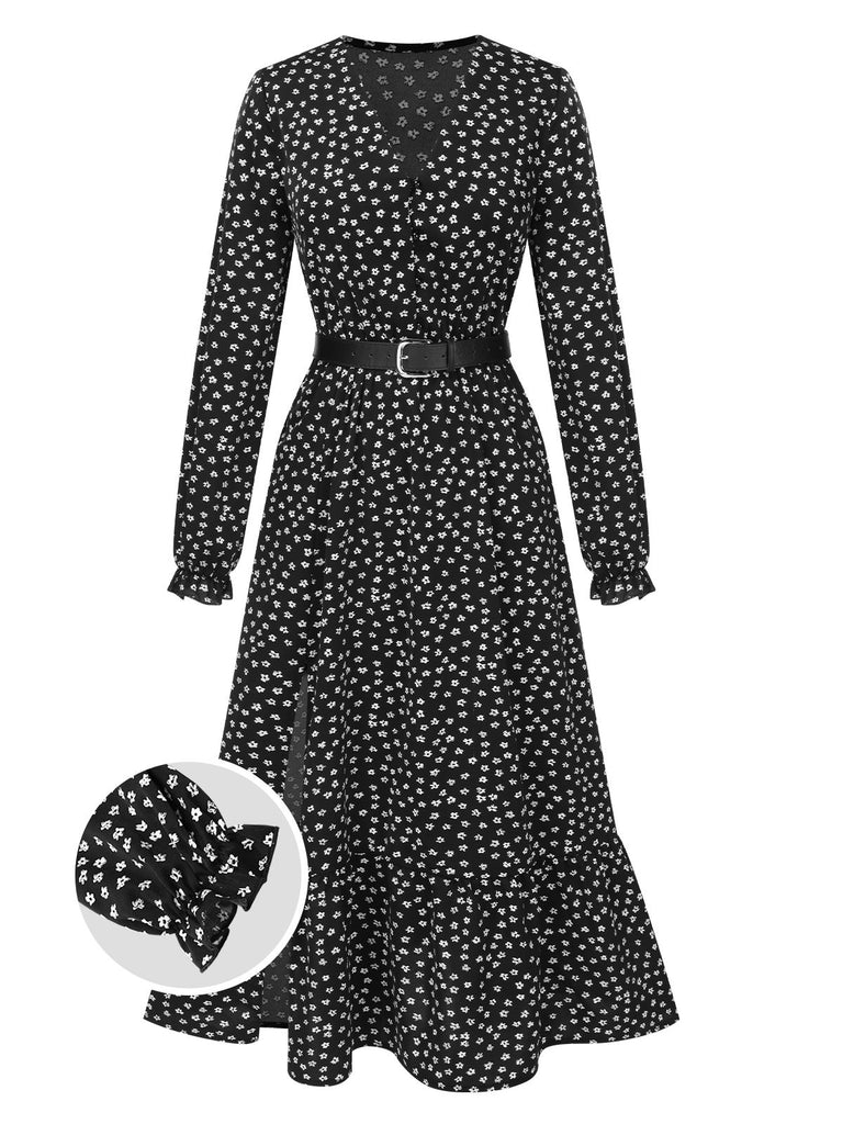 Black 1940s Slit Floral Belted Dress