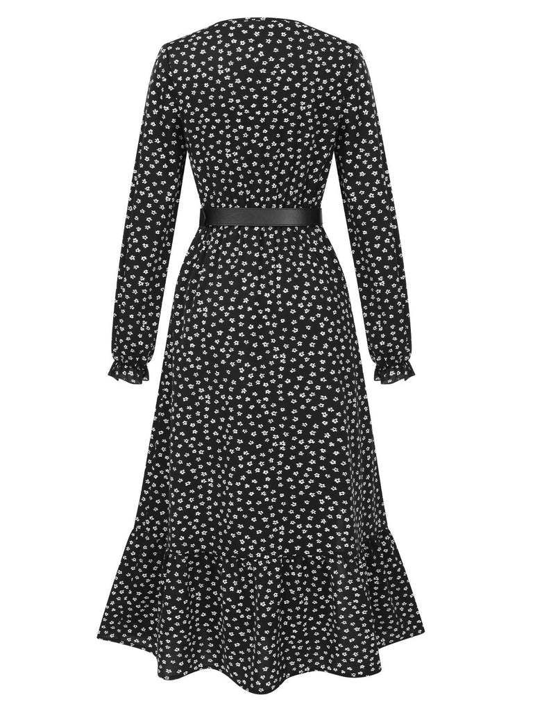 Black 1940s Slit Floral Belted Dress