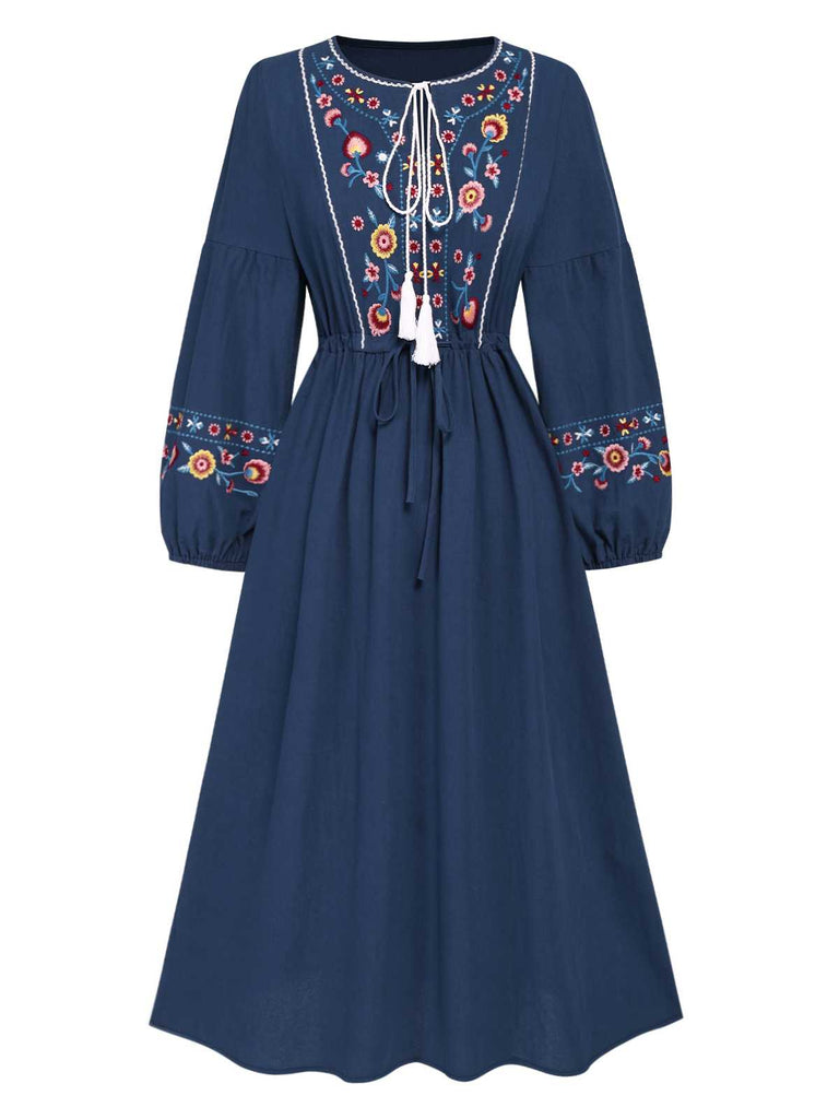 Blue 1940s Embroidered Floral Lantern Sleeve Dress