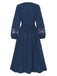 Blue 1940s Embroidered Floral Lantern Sleeve Dress