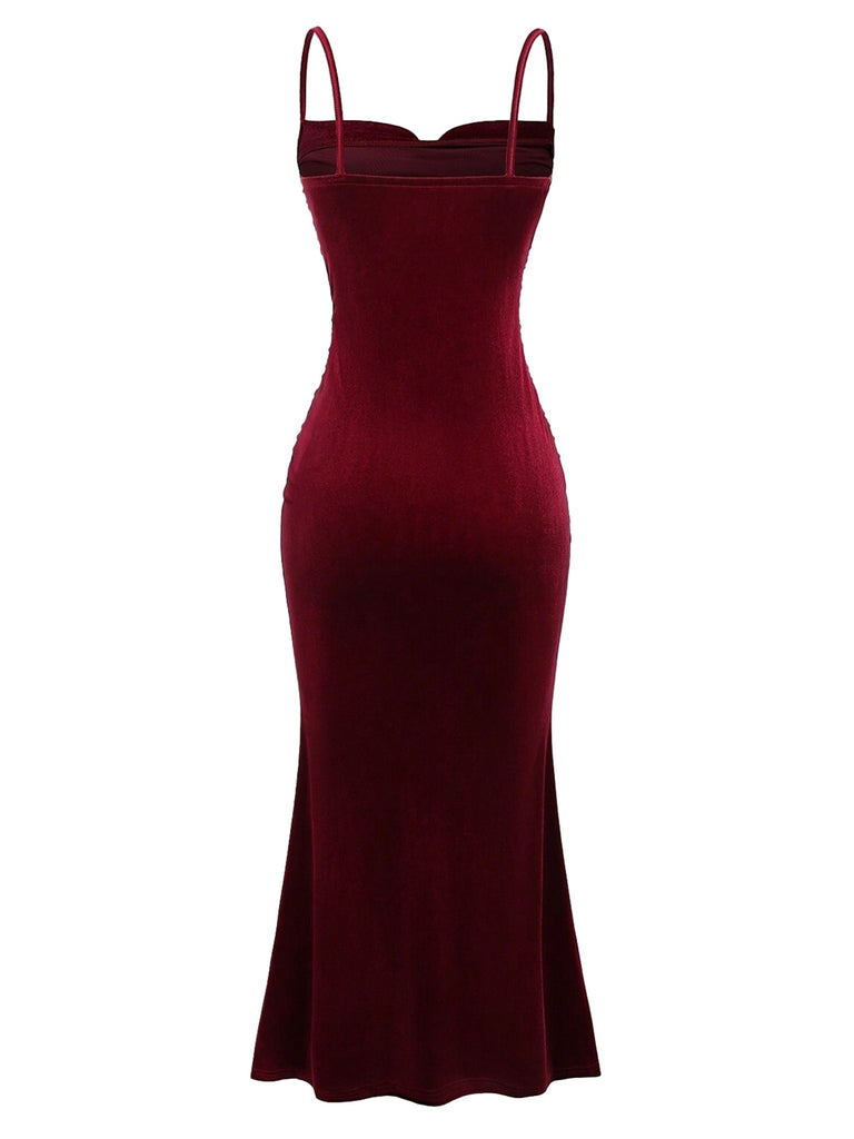 Wine Red 1930s Velvet Spaghetti Straps Mermaid Dress