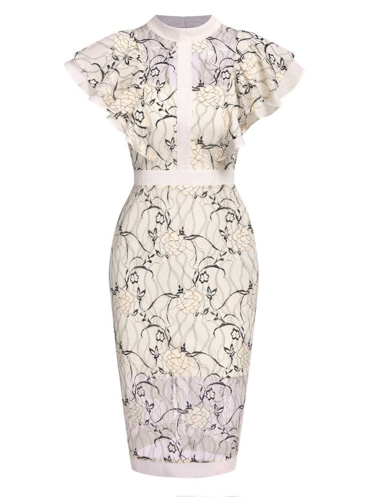 1960s Floral Sheer Lace Pencil Dress