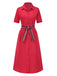 Red 1940s Lapel Striped Belted Dress