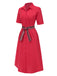 Red 1940s Lapel Striped Belted Dress