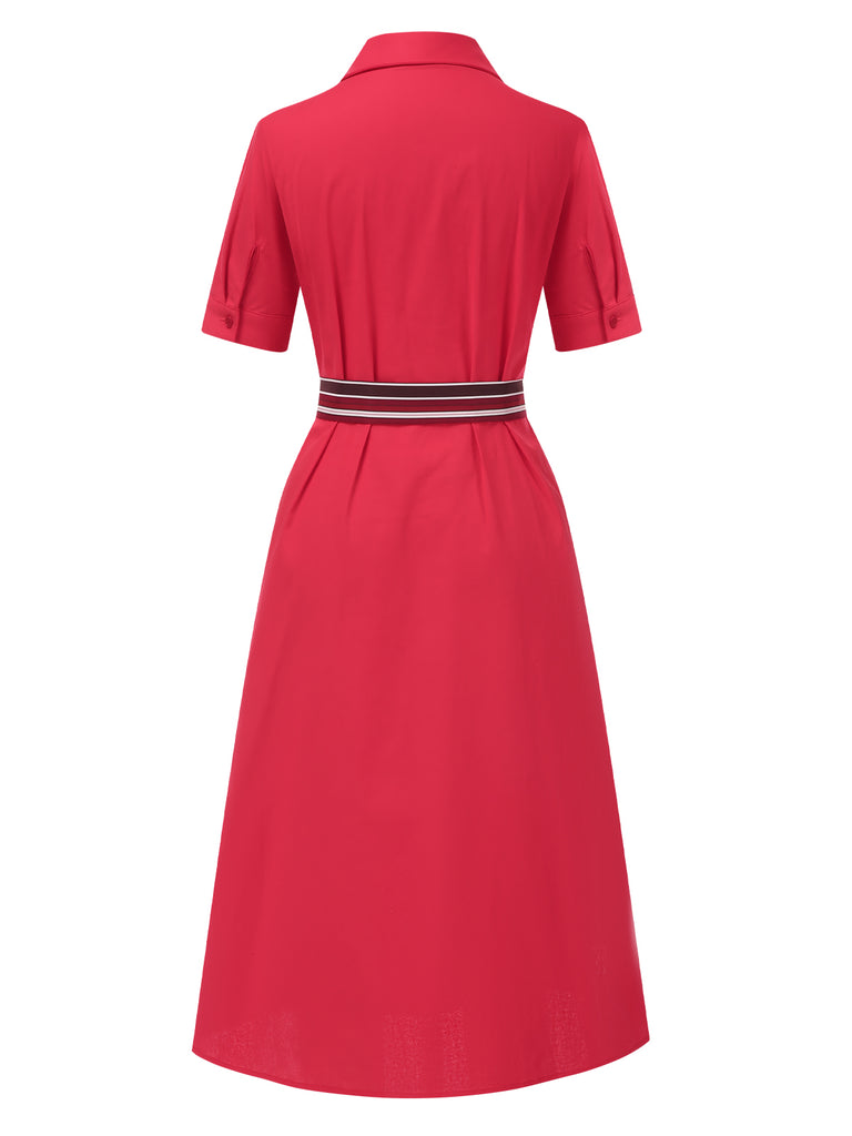 Red 1940s Lapel Striped Belted Dress