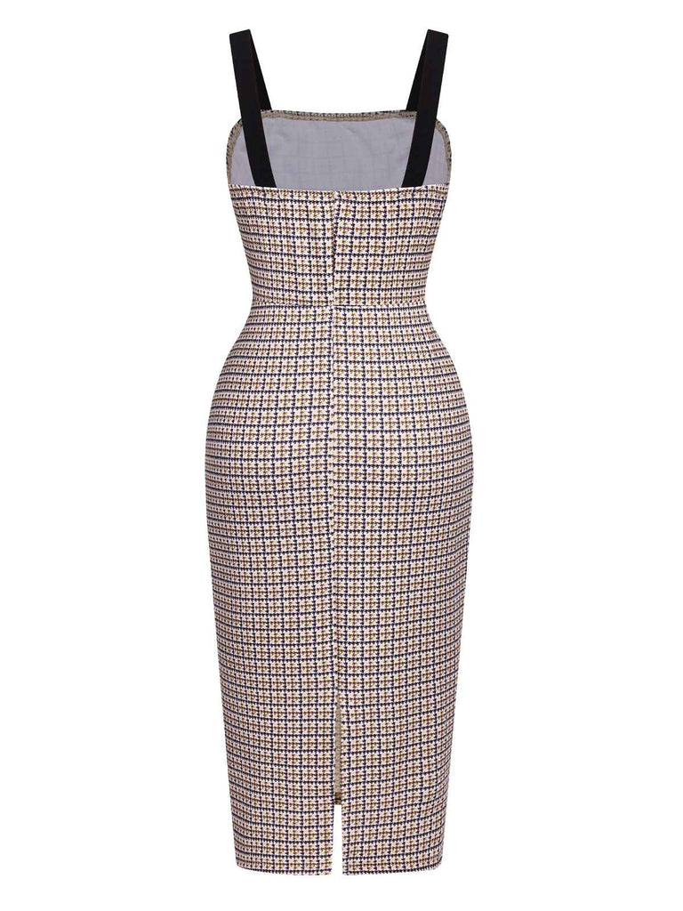 Beige 1960s Knitted Straps Pencil Dress