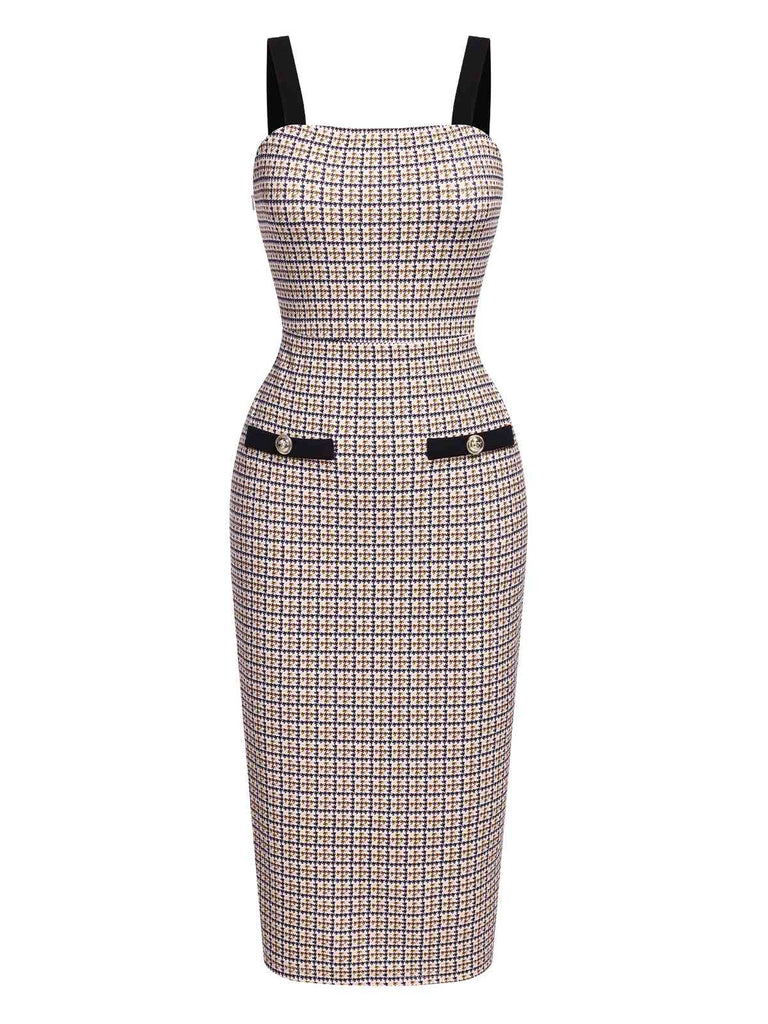 Beige 1960s Knitted Straps Pencil Dress