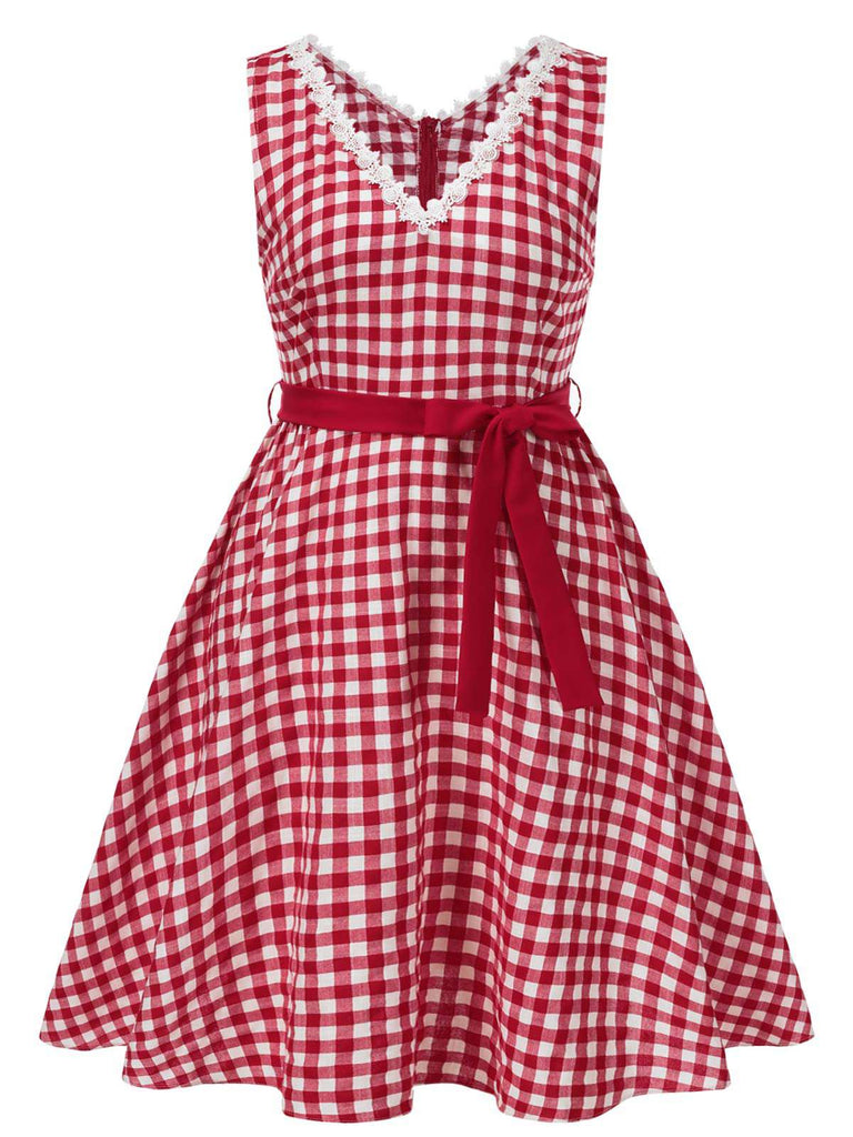 [Pre-Sale] [Plus Size] Red 1950s Lace Trim Cotton Plaid Dress