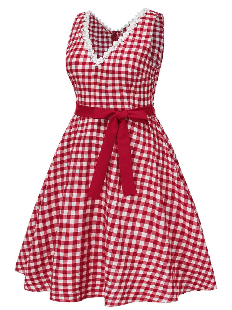 [Pre-Sale] [Plus Size] Red 1950s Lace Trim Cotton Plaid Dress