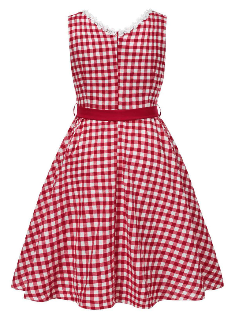 [Pre-Sale] [Plus Size] Red 1950s Lace Trim Cotton Plaid Dress