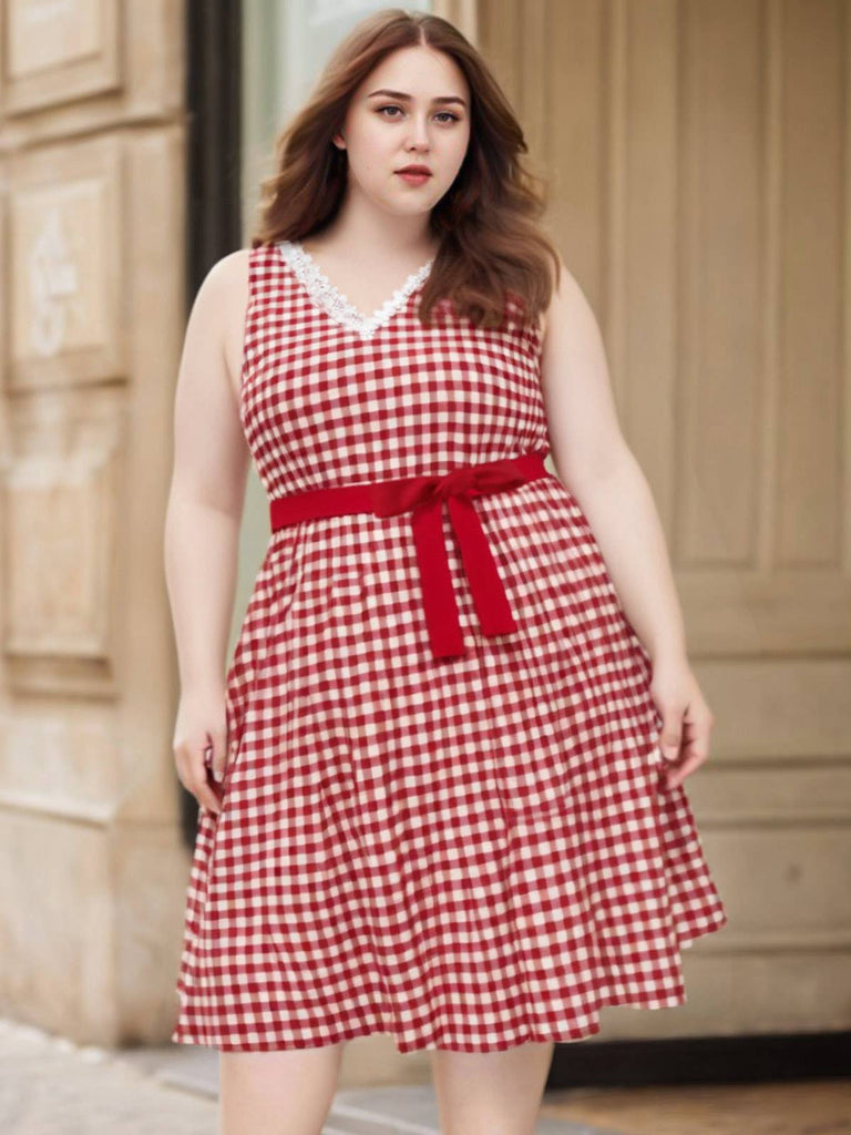 [Pre-Sale] [Plus Size] Red 1950s Lace Trim Cotton Plaid Dress