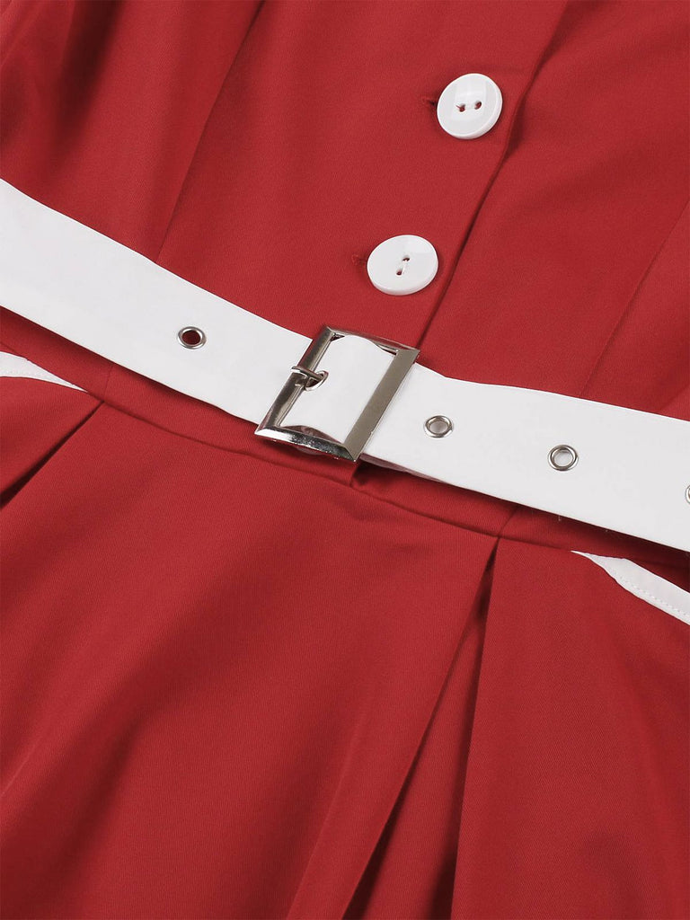 Red 1950s Lapel Patchwork Belt Dress