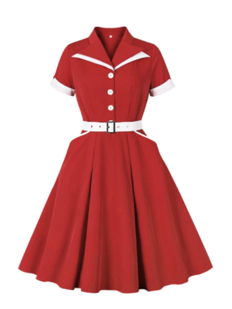 Red 1950s Lapel Patchwork Belt Dress