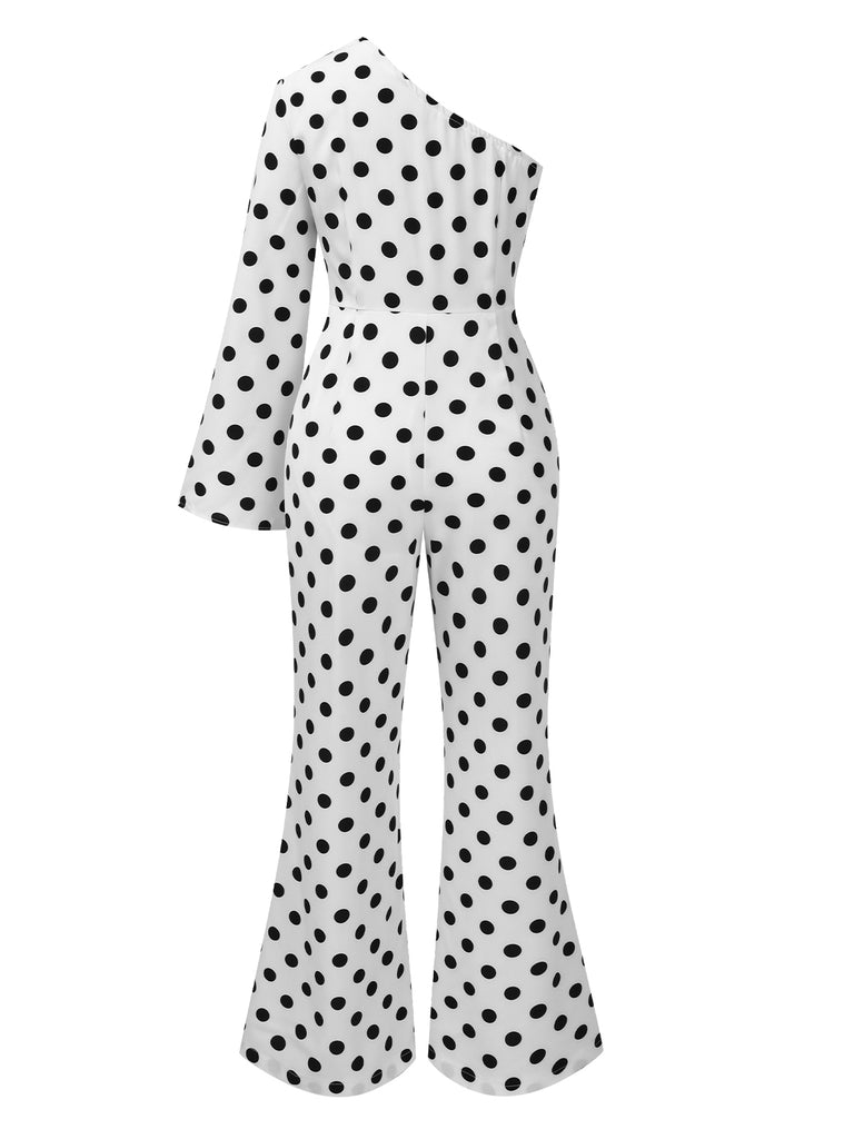 White 1970s Sloping Shoulders Polka Dot Jumpsuit