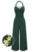 [Pre-Sale] Dark Green 1930s Halter Floral Trim Belted Jumpsuit