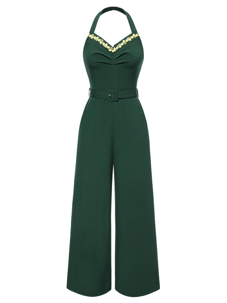 [Pre-Sale] Dark Green 1930s Halter Floral Trim Belted Jumpsuit