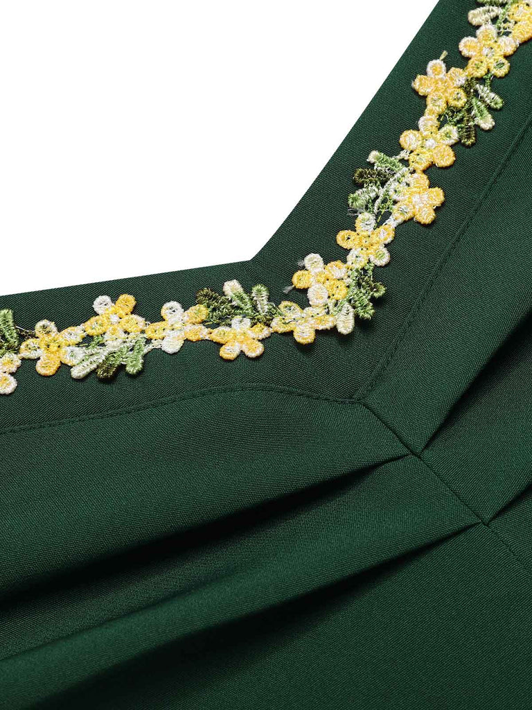 [Pre-Sale] Dark Green 1930s Halter Floral Trim Belted Jumpsuit