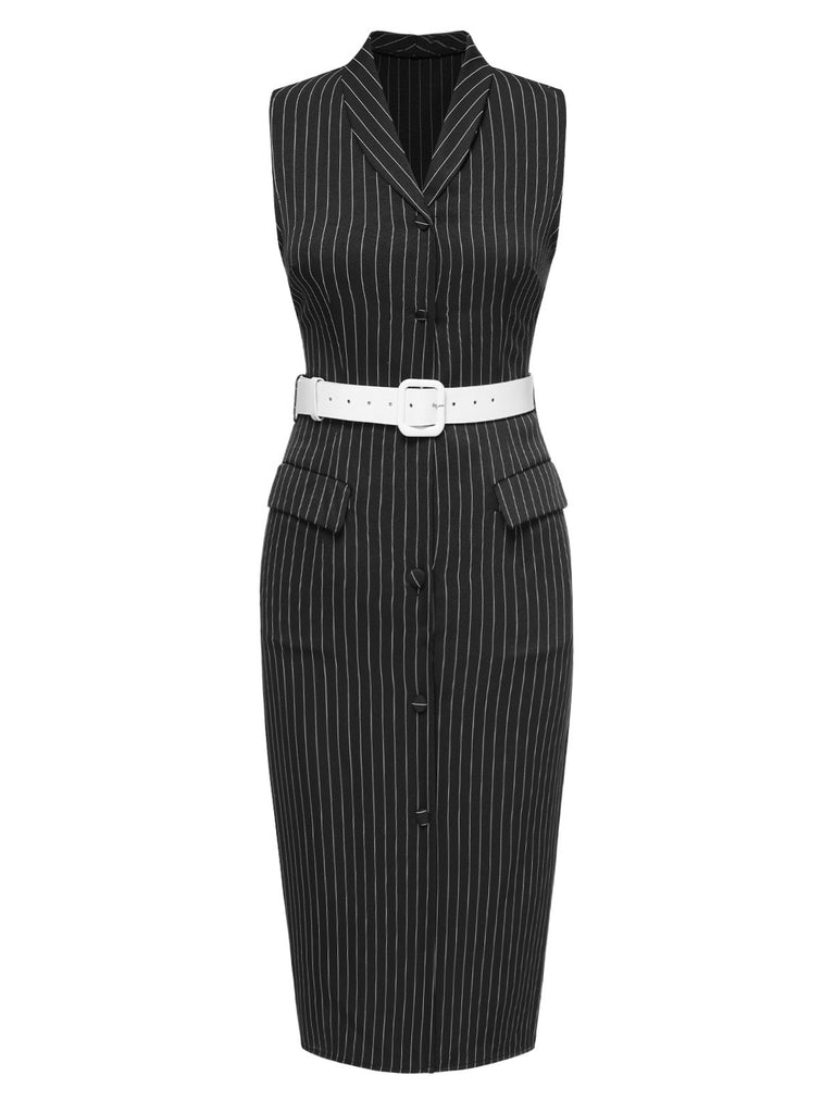 [Pre-Sale] Black 1960s Lapel Pinstripes Pencil Dress