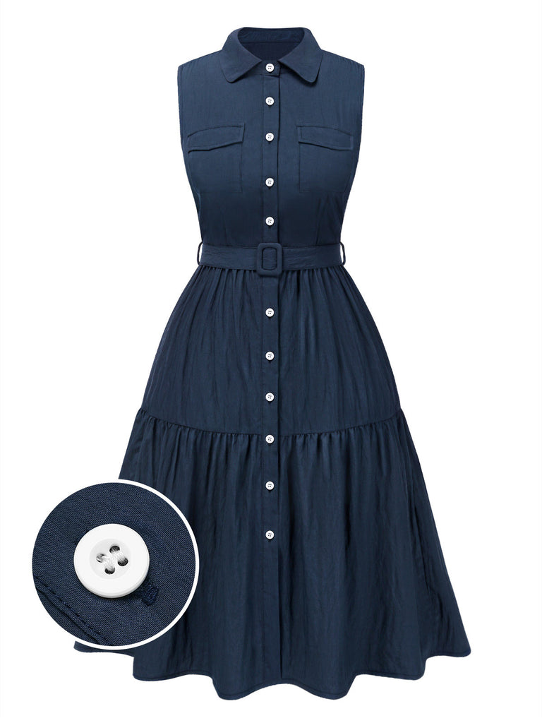 [Pre-Sale] Navy Blue 1940s Solid Lapel Pleated Shirt Dress