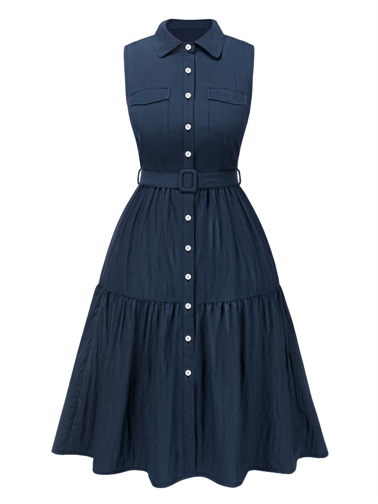 [Pre-Sale] Navy Blue 1940s Solid Lapel Pleated Shirt Dress