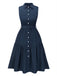 [Pre-Sale] Navy Blue 1940s Solid Lapel Pleated Shirt Dress