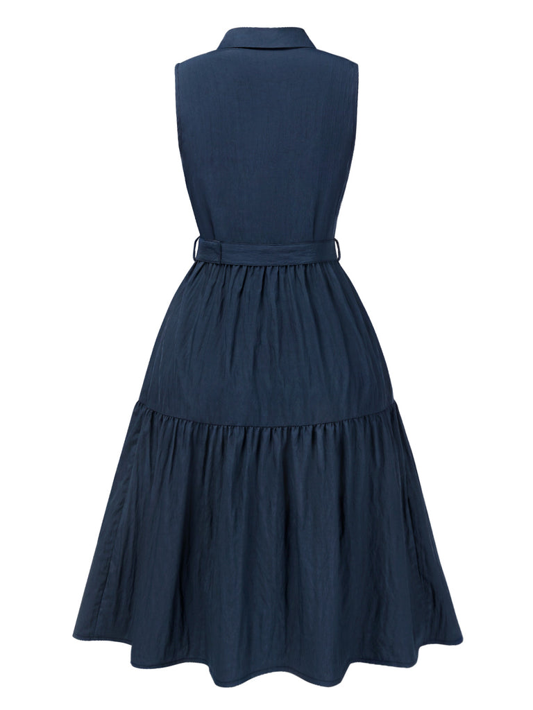 [Pre-Sale] Navy Blue 1940s Solid Lapel Pleated Shirt Dress