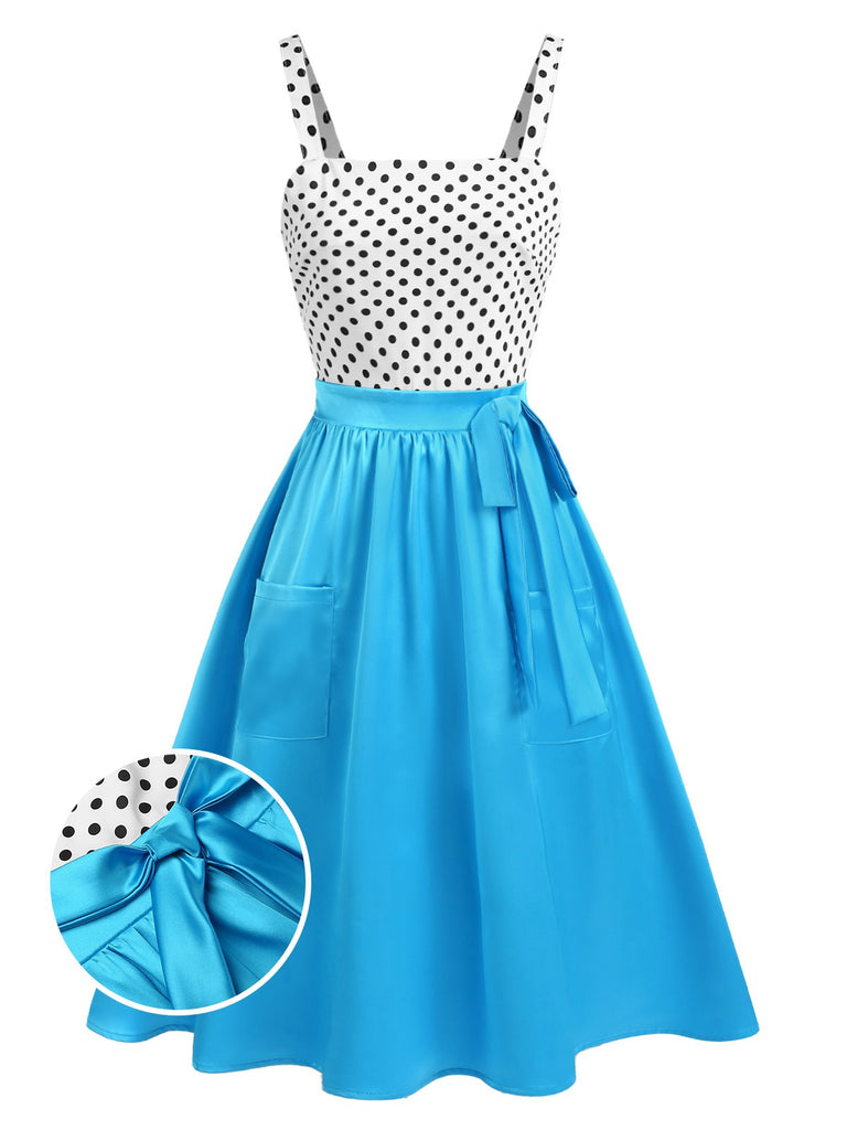 [Pre-Sale] Blue 1950s Polka Dot Patchwork Straps Dress