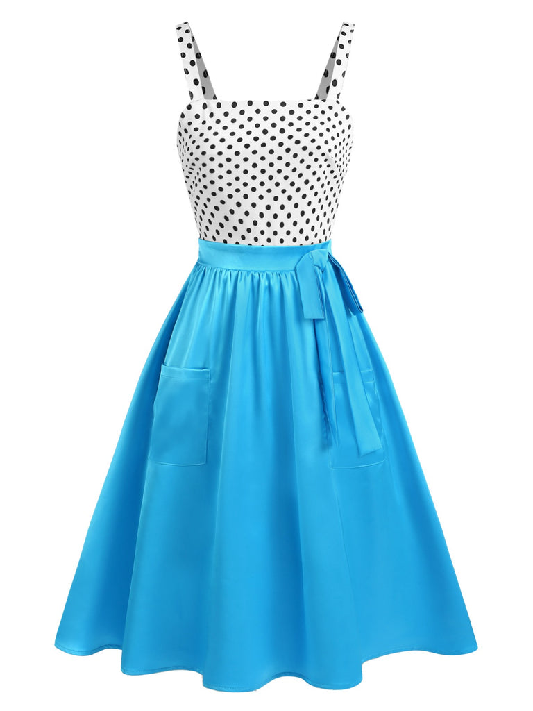 [Pre-Sale] Blue 1950s Polka Dot Patchwork Straps Dress