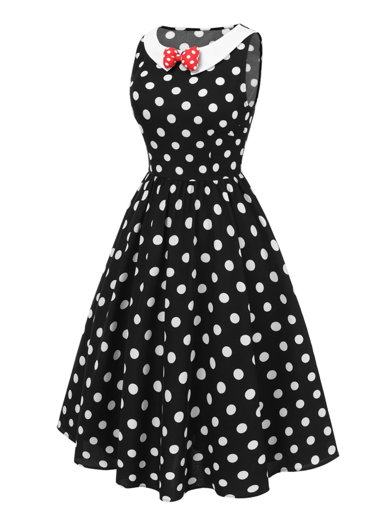 [Pre-Sale] Black 1950s Bow Contrast Polka Dots Dress