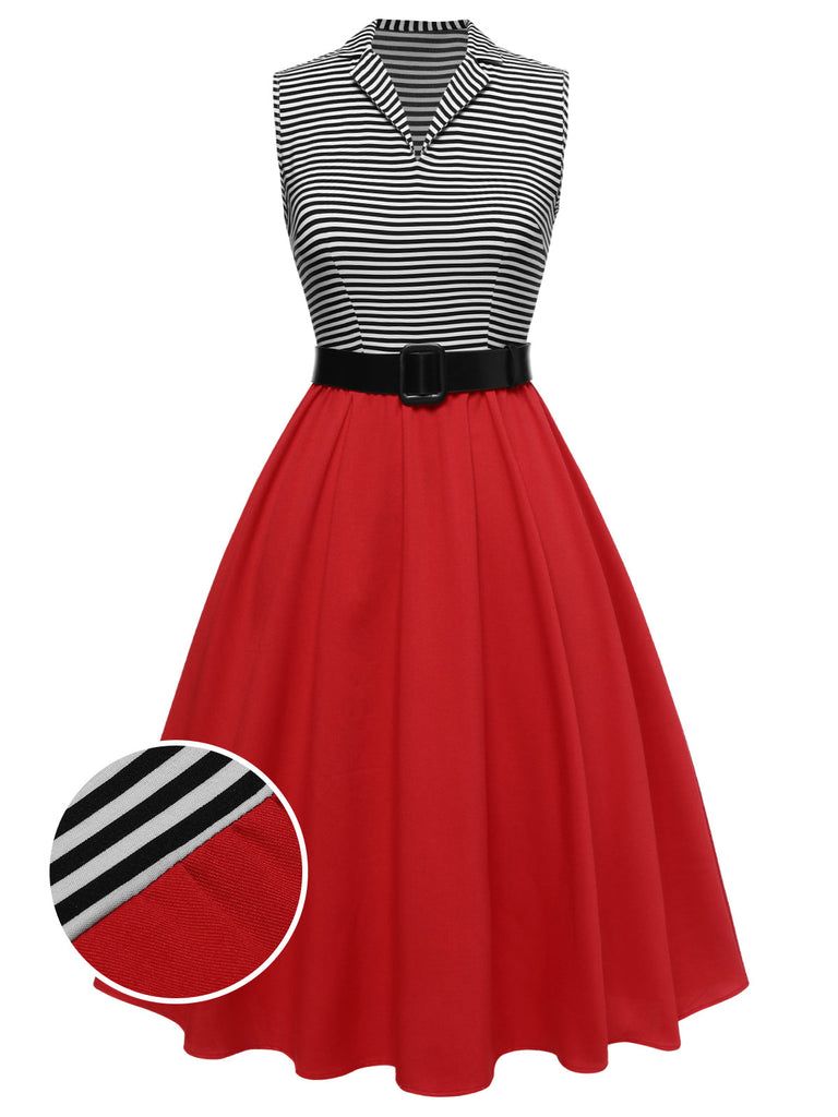 [Pre-Sale] 1950s Lapel Contrast Stripes Belted Sleeveless Dress