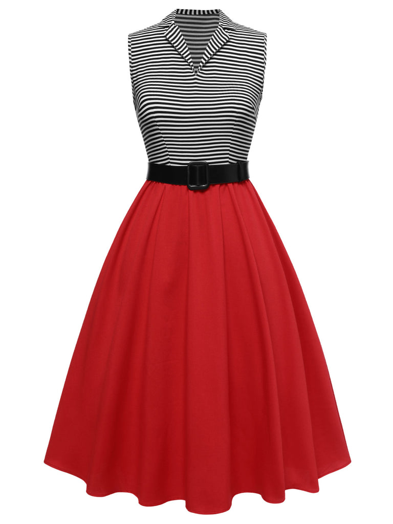 [Pre-Sale] 1950s Lapel Contrast Stripes Belted Sleeveless Dress