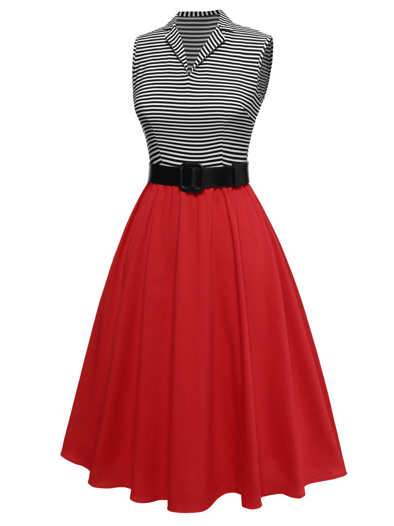 [Pre-Sale] 1950s Lapel Contrast Stripes Belted Sleeveless Dress