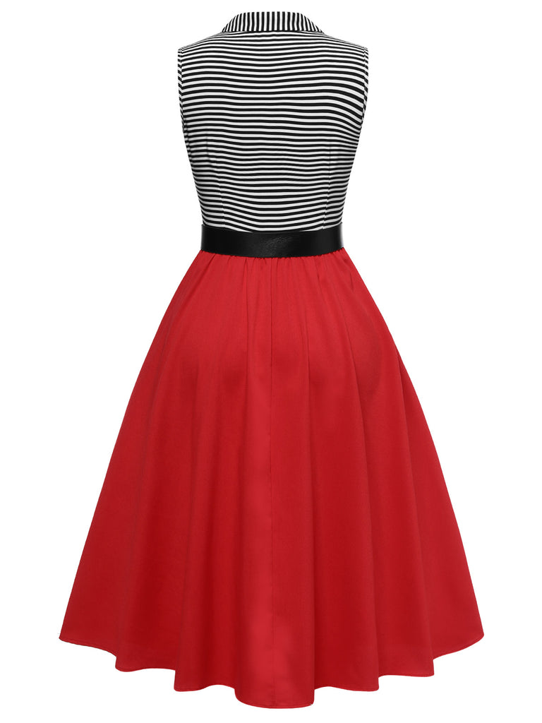 [Pre-Sale] 1950s Lapel Contrast Stripes Belted Sleeveless Dress