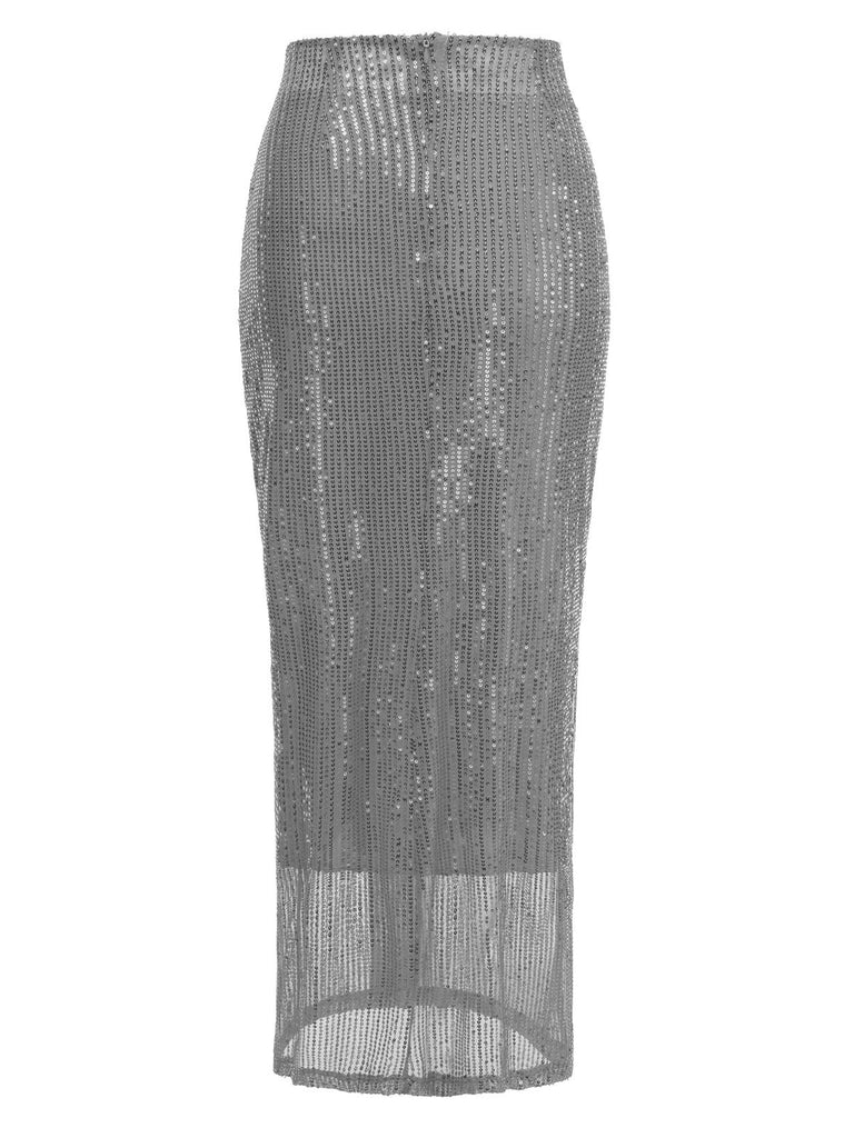 1930s Solid Sequined Split Long Skirt