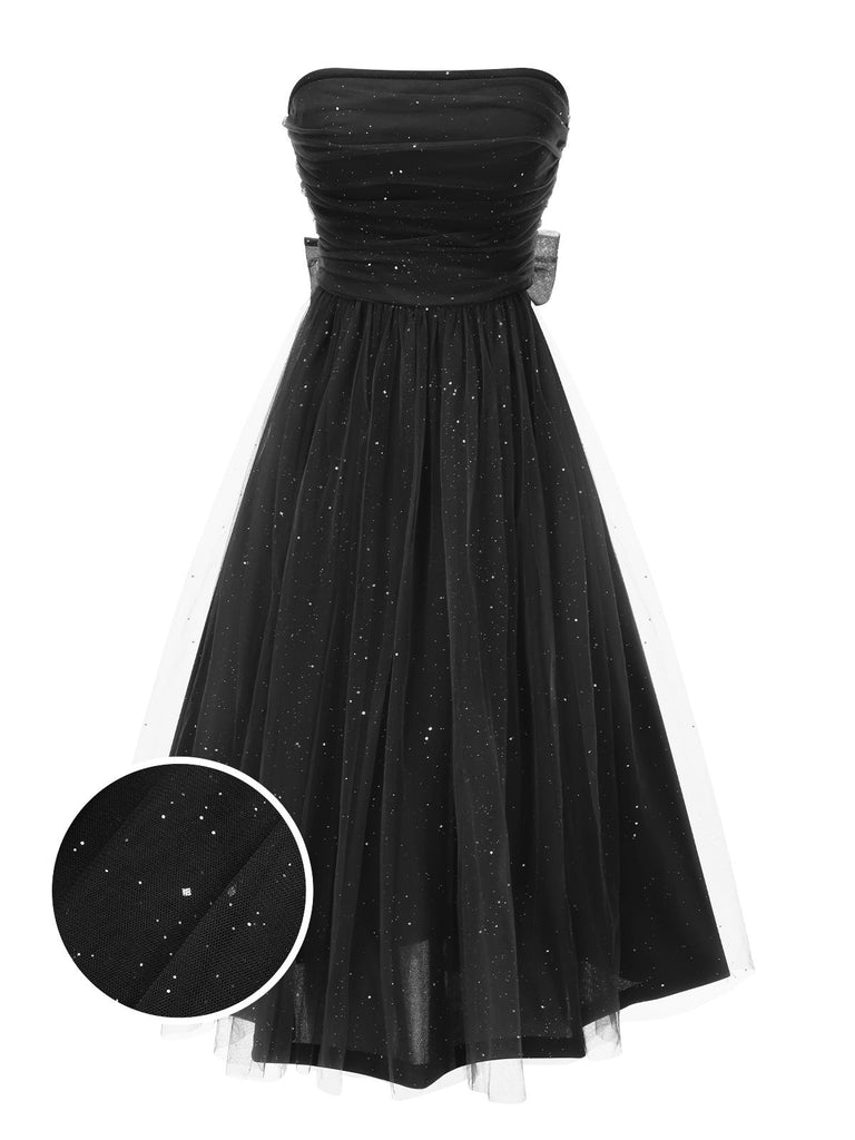 1950s Strapless Sparkle Bow Mesh Dress