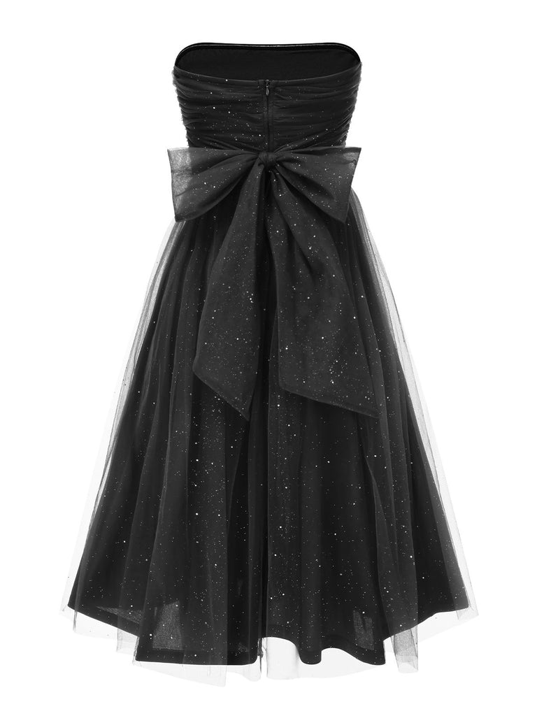 1950s Strapless Sparkle Bow Mesh Dress