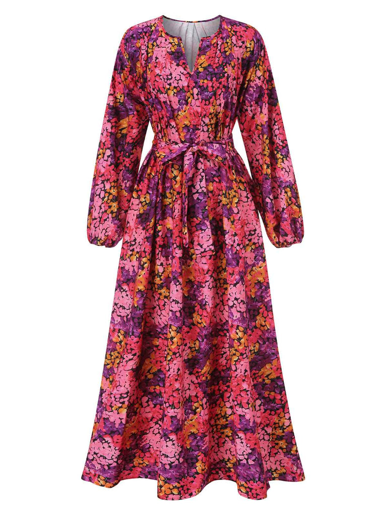 Rose Red 1930s Boho Style Belted Floral Dress