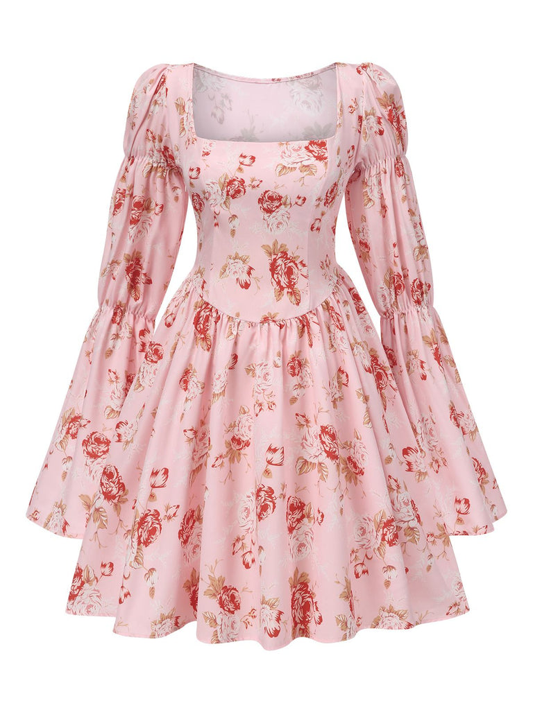 Pink 1960s Square Neck Floral Skater Dress