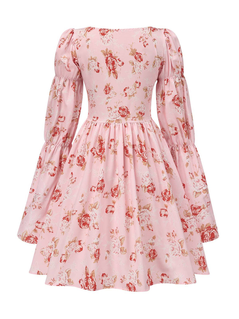 Pink 1960s Square Neck Floral Skater Dress