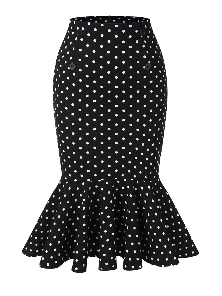 Black 1930s Polka Dots Fishtail Skirt